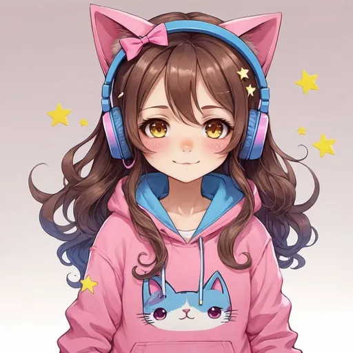 Prompt: a girl.brown wavy flying hair with blue and pink on the edges of her hair. wearing a pink cat headphone stars on it. she has yellow stars on her hair and outfit add lots of detail on outfit..she is wearing an oversized pink and blue hoodie with a cute cat on it.she is wearing a cute dress underneath.she has a name on her hoodie with the name: "EvilStar". must add this . add a lot of details with stars and bows and detail on outfit and hair.