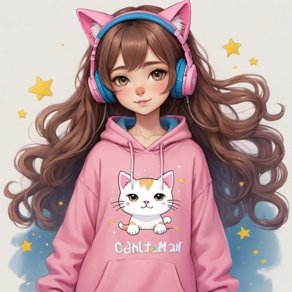 Prompt: a girl.brown wavy flying hair with blue and pink on the edges of her hair. wearing a pink cat headphone stars on it. she has yellow stars on her hair and outfit add lots of detail on outfit..she is wearing an oversized pink and blue hoodie with a cute cat on it.she is wearing a cute dress underneath.she has a name on her hoodie with the name: "EvilStar". must add this .