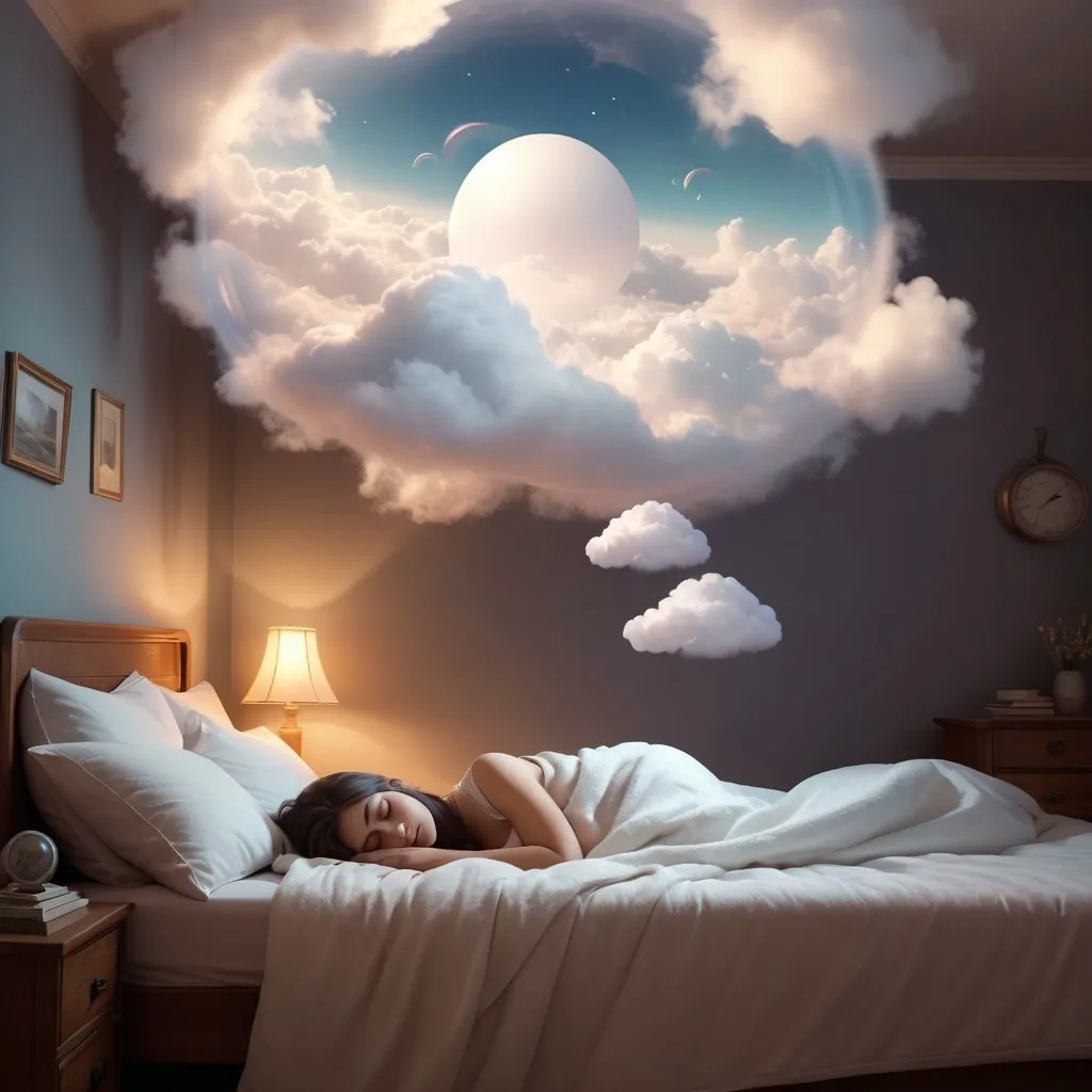 Prompt: (dreamscape), cozy bedroom, soft pillows and blankets, figure peacefully sleeping in bed, (ethereal clouds) tranquil atmosphere, warm and soft lighting, hints of magical elements, surreal dreamlike quality, (whispers of imagination), high quality, ultra-detailed, cinematic depth, gentle color hues, peaceful and serene ambiance.
With a sleeping person, with most of there body in a blanket,  show a white speech bubble that leads from their head that displays their dreams, the bubble represents what they are dreaming of, filled with clouds in it