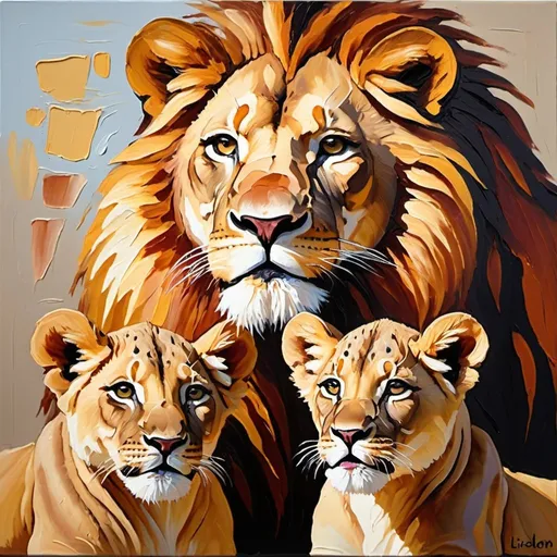 Prompt: thick impasto oil painting of a lion, lioness and two cubs, thick bumpy paint strokes