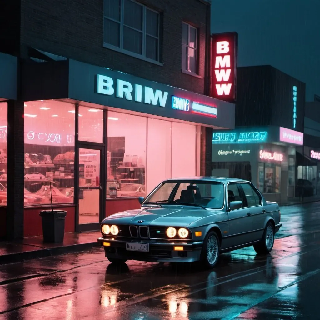 Prompt: bmw in front of a store at night in the rain. Neon lights, 80s