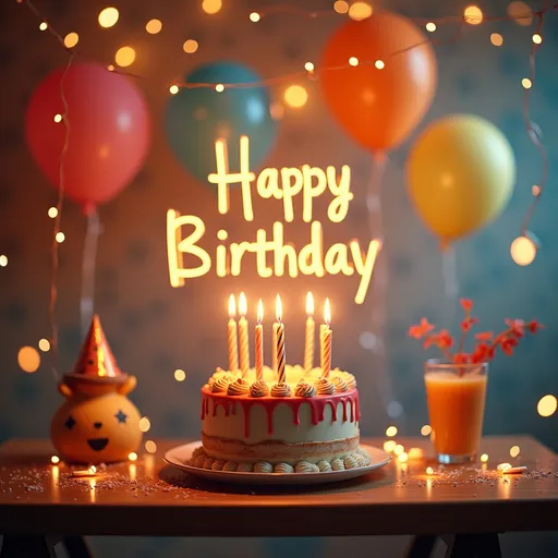 Prompt: (accurately spelled text "Dear brother, happy birthday! I hope with artificial intelligence you can do the best things. I love you!"), heartfelt message, (warm tones), cozy atmosphere, vibrant celebratory background with balloons and a birthday cake, depicting excitement and joy, framed by soft fairy lights, (4K), ultra-detailed imagery, representing love and hope through artificial intelligence elements like digital symbols or neural networks subtly integrated.