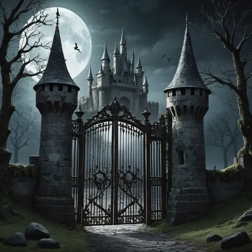Prompt: create an image of a castle in the moonlight, place skeletons in in full body in front of the gate, some in armor, some of them without armor, with swords and shields. We are at the gate, it is dark, and a spirit floats in the air over the skeletons, good or evil, we do not know. The wooden gate is full of rot and moss, and branches grow up the walls.