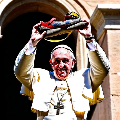 Prompt: A photo of Pope Francis holding a climbing shoe as if it were an ostia above his head 