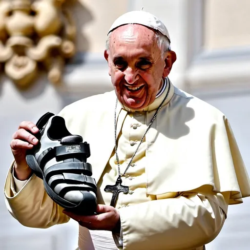 Prompt: A photo of Pope Francis holding a climbing shoe as if it were an ostia above his head 