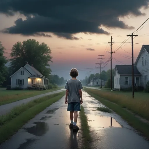 Prompt: A scary boy from urban legend is walking down a quiet country road. He is facing us. Evening light. Dramatic sky. Cinematic. Gregory Crewdson scene. Photo realism.