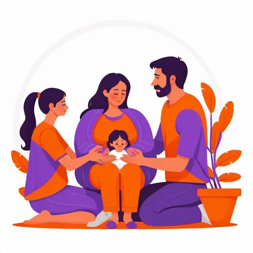 Prompt: flat illustration father and mother receiving counsling with therapist, Mexican skin, orange and purple colors, white blackground