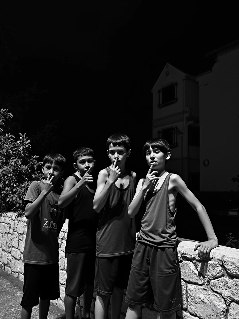 Prompt: In a striking black-and-white scene, four young boys stand confidently in front of a low stone wall, illuminated against the darkness of night. They display a playful and rebellious demeanor, each making a gesture of silence with a finger to their lips, which adds an air of intrigue to the composition. The boys are dressed casually in sporty attire, with some donning tank tops and shorts, highlighting a carefree moment typical of youth camaraderie. The background features a dimly lit building, obscured by shadows, which contrasts with the brighter textures of the wall and the natural foliage that enhances the atmosphere. This image captures a sense of youthful adventure and friendship, woven into the fabric of an evening gathering.