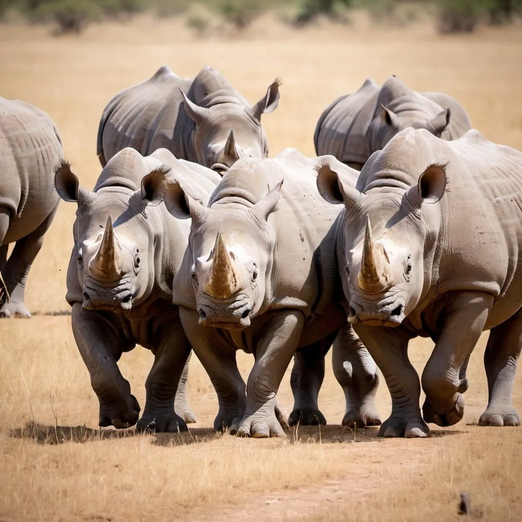 Prompt: a herd of rhinos in a safari with one facing the front