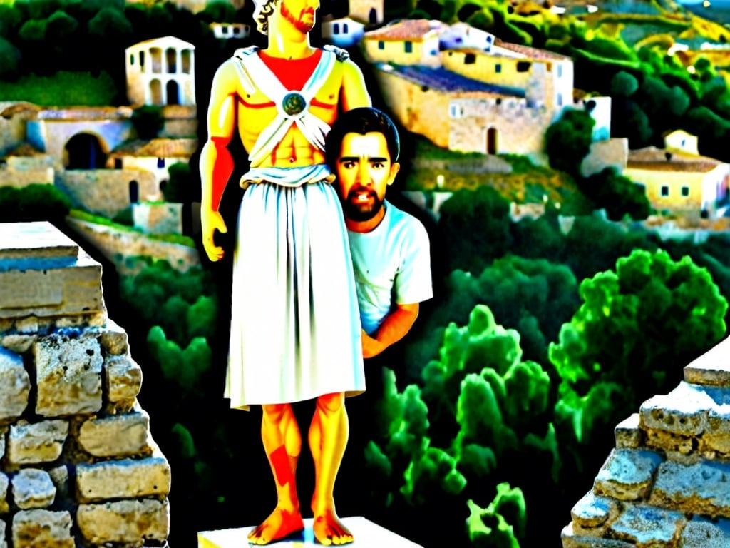 Prompt: There is white marble statue in the position of the example image for body, and it is wearing only a roman skirt, the face of that same statue is the same of the model of the face image, and this statue is not painted at all, it is completely white marble. This same marble statue is in the balcony of an old ancient roman village with a great view of an ancient roman city because the house is on the top of a little hill. There are clouds behind, that let the sunset sunbeams to iluminate the far sites of the old city. 