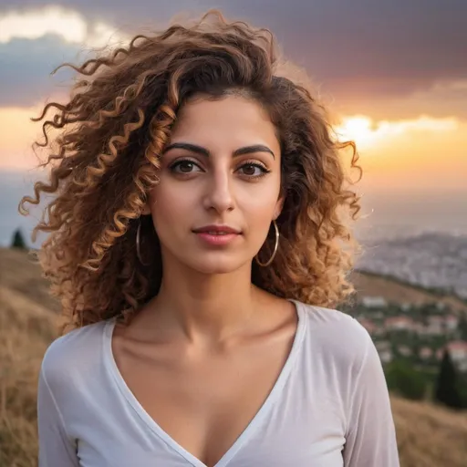 Prompt: Beautiful mediterranean woman from lebanon watching to the camera, the air is blowing her beautiful curly hair and there are sunset clouds behind her while she is in the top of a hill 