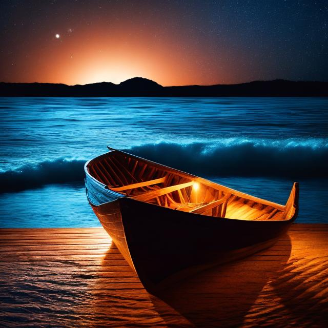 Prompt: empty wooden boat on the side of the water at night with waves showing on the water
