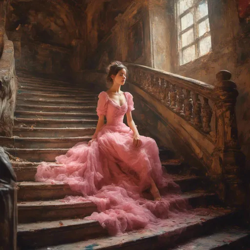 Prompt: A woman portrait in Midjourney <mymodel> style, princess on stairs, pink dress