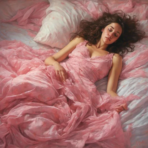 Prompt: A woman portrait in Midjourney <mymodel> style, princess in bed, pink dress, bear foot swinging toes and back and forth 