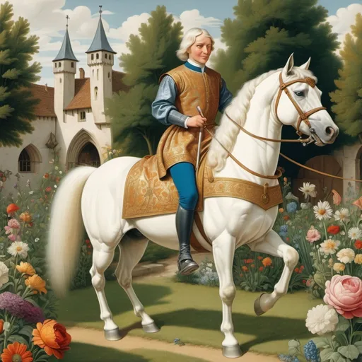 Prompt: In Middle Ages, a gentleman is riding a white horse in a garden, full of flowers, there are kids playing around, he is in his middle age