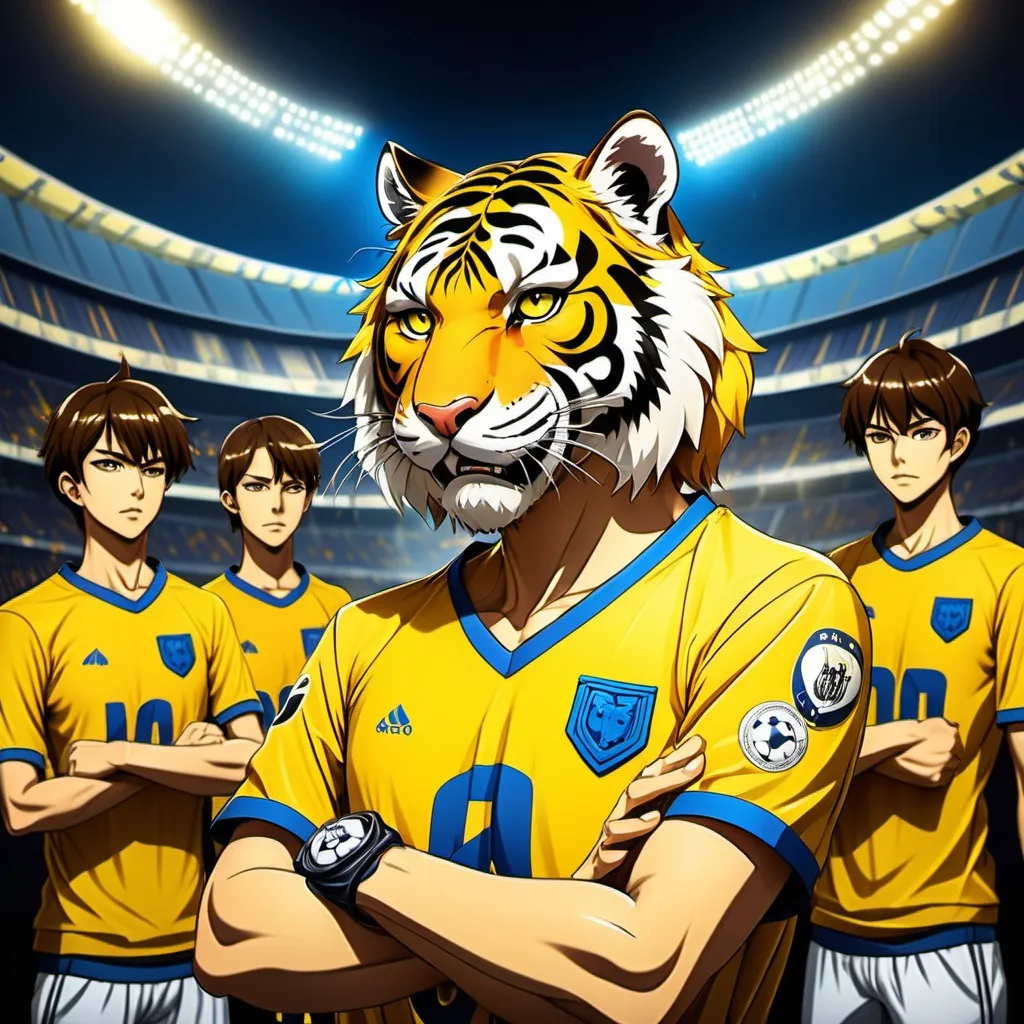 Prompt: tarot card Anime ,dramatic lighting, anime cartoon soccer team players Look like hero's wear yellow shirts and blue short with tiger eye stand in stadium with dark lights drawn tiger eyes and full crowd fans