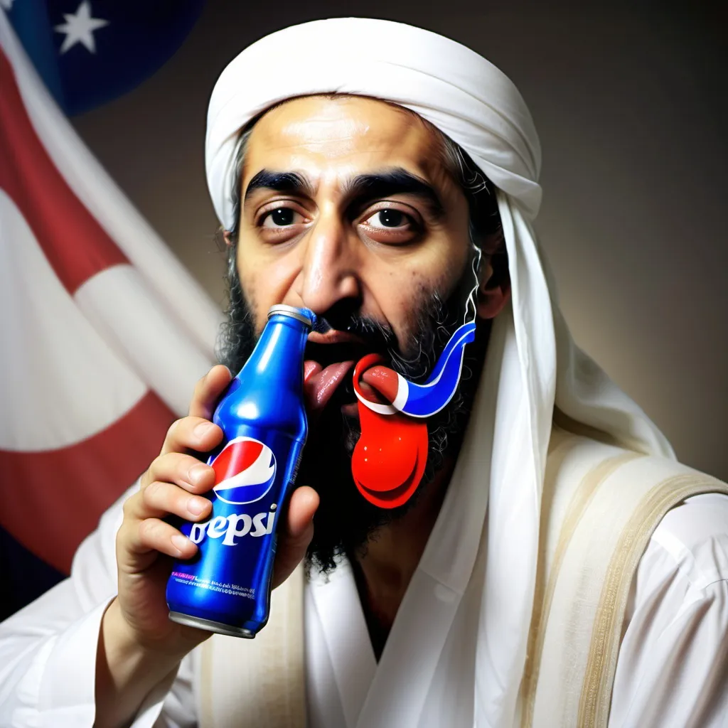 Prompt: Osama bin Laden kiss pepsi bottel