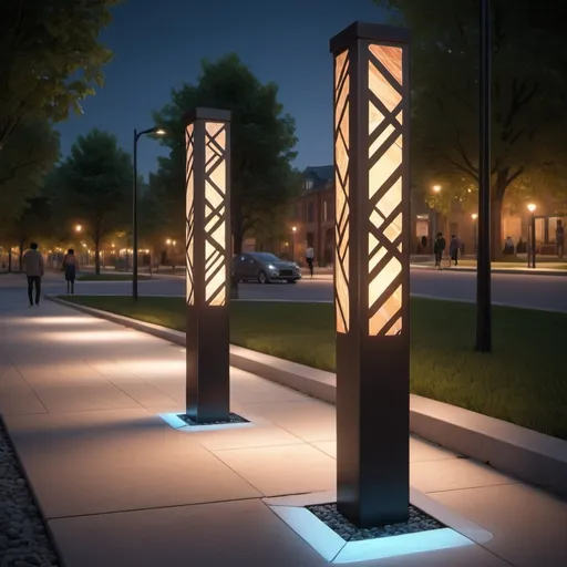 Prompt: Integrated Lighting
Concept: Add LED lighting within the bollards for nighttime visibility and aesthetic enhancement.
Details:
Place the lights near the top or within the geometric cutouts, creating a soft glow that highlights the patterns.
Use energy-efficient LEDs that can change colors for different events or themes.
Sketch Improvement: Show a bollard at night with illuminated geometric patterns or a glowing top section.