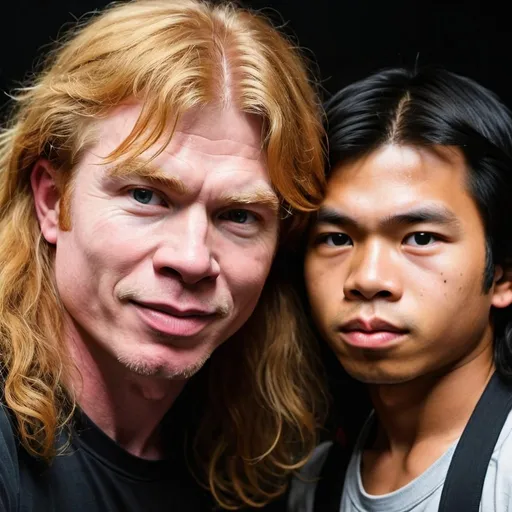 Prompt: dave mustaine and Teenage asian cambodian boy with big lips and stretched out nostrils named jace kiss 