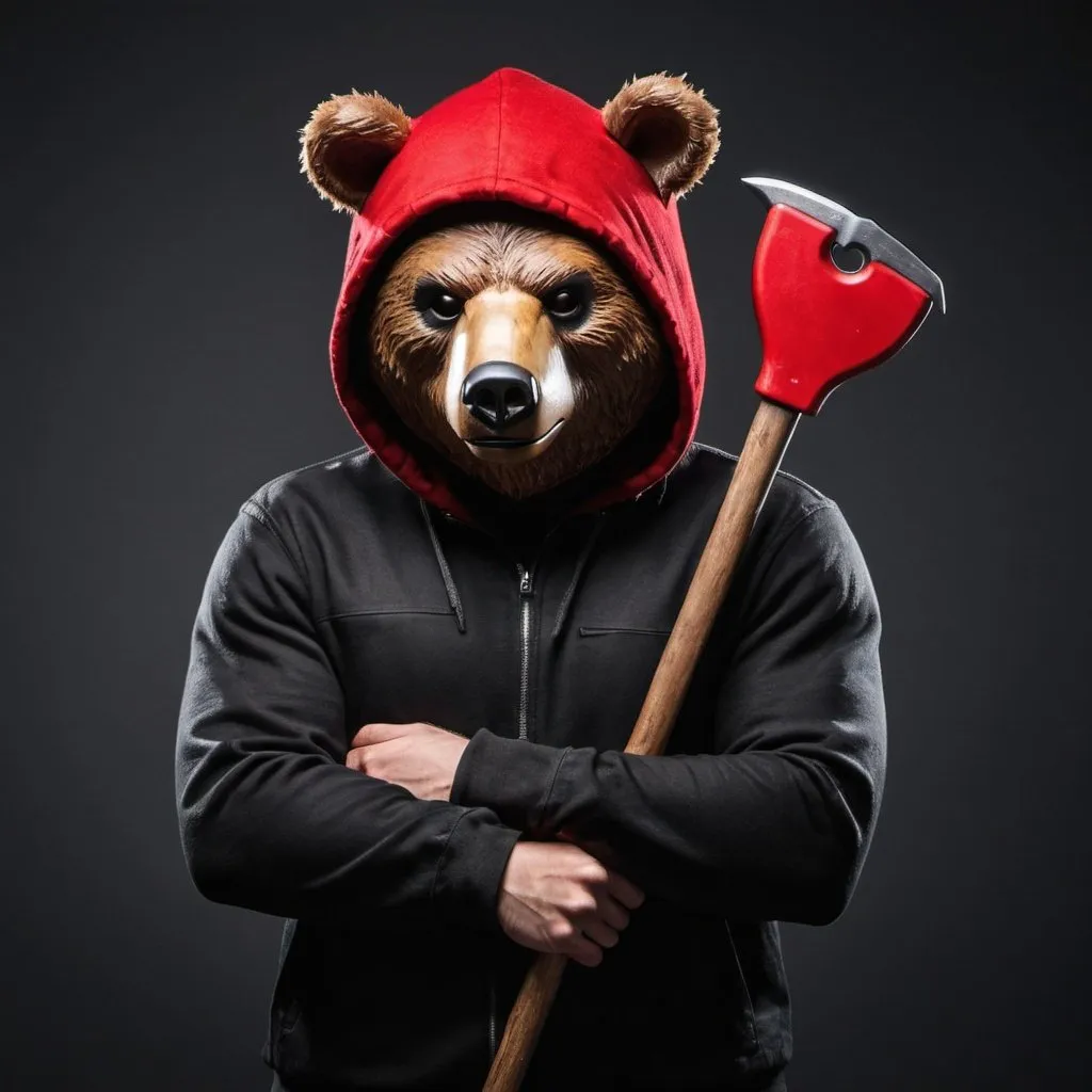 Prompt: Criminal thief wearing a bear head mask and holding a red crowbar