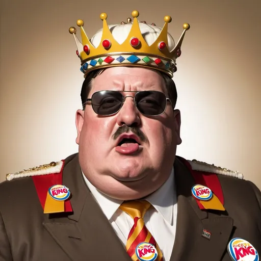 Prompt: Obese Hitler wearing a burger king crown and sunglasses, talking into a microphone