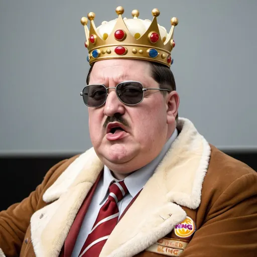 Prompt: Obese Hitler wearing a burger king crown and sunglasses, talking into a microphone