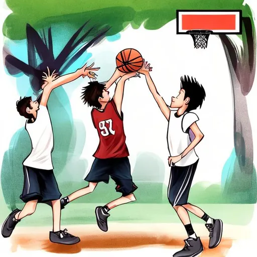 Prompt: Draw 2 boys playing basketball 
