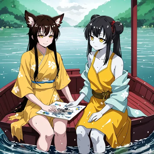 Prompt: two anime girls sitting on a boat in the water together, one of them is wearing a yellow dress, Fan Qi, furry art, wet, a detailed drawing