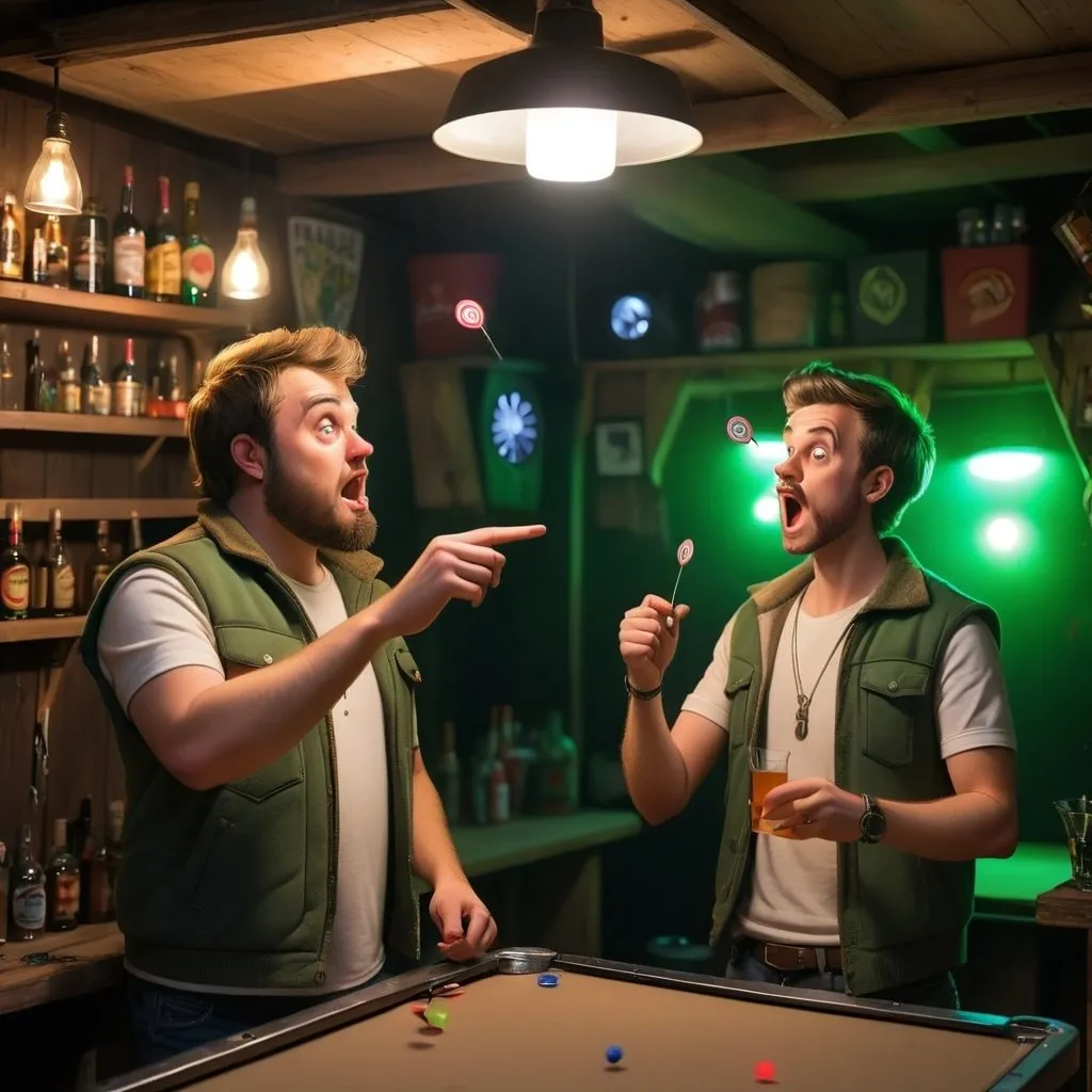 Prompt: 2 guys dressed grungily throwing darts in a home made dimly lit garage bar in a migical forest drinking copious amounts of alchohol 
