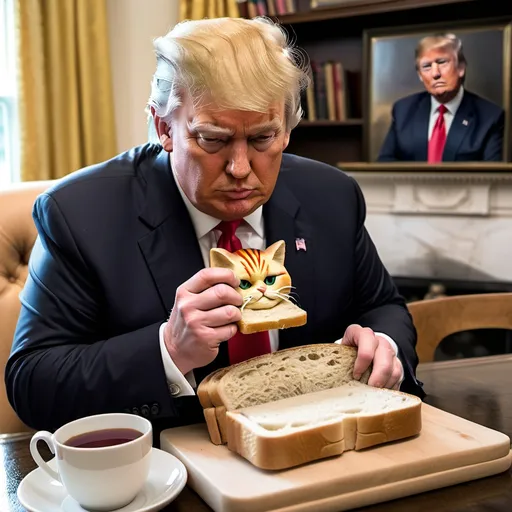 Prompt: Donald Trump eating a cat on bread