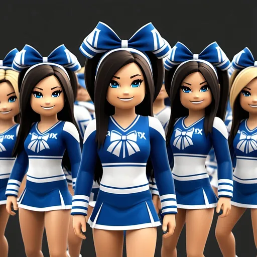 Prompt: Do a image of a roblox cheer team with blue and white uniforms, blue and white bows and the cheer teams name is Dynamite