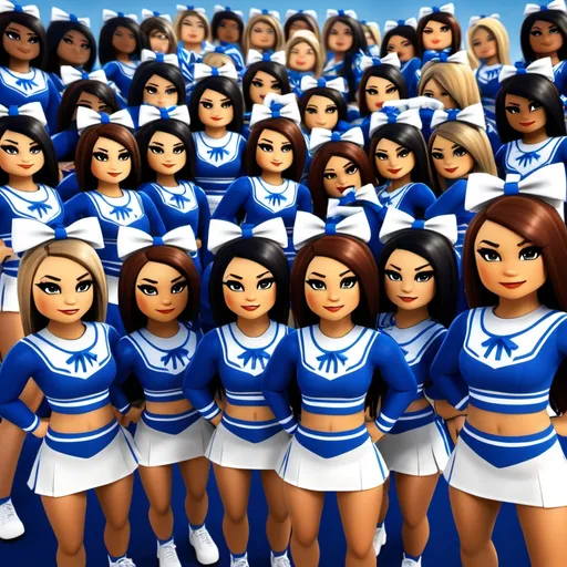 Prompt: Do a image of a roblox cheer team with blue and white uniforms, blue and white bows and the cheer teams name is Dynamite