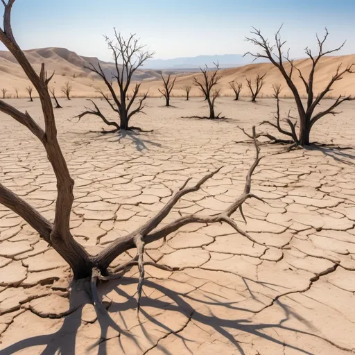 Prompt: Dried trees and desertified lands:
Dry soil with cracks under the sun. Several dried trees with bare and bent branches. Sandy hills visible in the distance. The sky is clear, but the air looks hot and dry.
