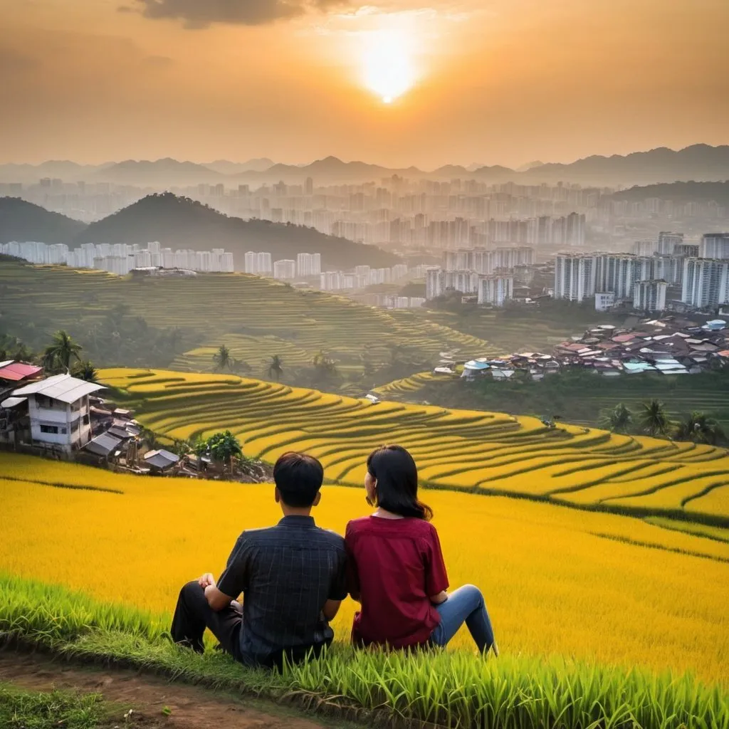 Prompt: A couple sitting on hill top watching a sunset view and enjoying the golden paddy field and city life