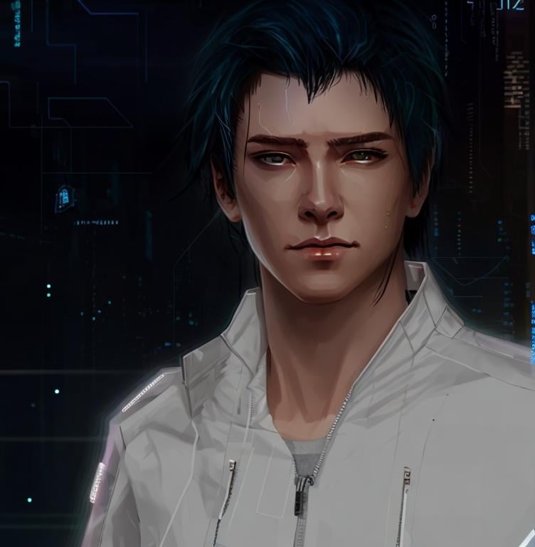 Prompt: high definition of a male in cyberpunk style techie clothing