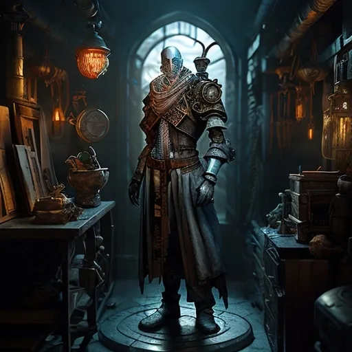 Prompt: Envision a formidable Artificer Wizard (a Warforged from the Pathfinder RPG) , dressed in functional robes and cloak, standing amidst a workshop filled with intricate mechanical devices and arcane artifacts. The figure is polished metal with gears subtly exposed, shimmering under the soft glow of flickering candlelight. The workshop is dimly lit, shadows casting a mysterious aura on the walls cluttered with scrolls and blueprints. A gentle rain taps against the windows, enhancing the atmosphere with a sense of introspection and creativity. This scene resonates with a dark fantasy concept art style, highlighting the blend of technology and magic in a captivating manner.