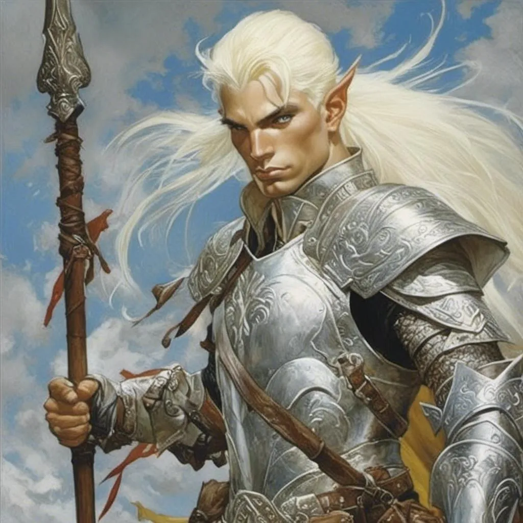 Prompt: A beautiful male albino elf paladin in silver armor wielding a silver staff <mymodel> artstyle by Donato Giancola and Terese Nielsen