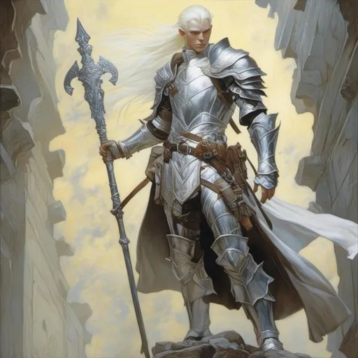 Prompt: A full body image of a beautiful young male albino elf paladin in silver armor, a silver eye mask and wielding a silver staff <mymodel> artstyle by Donato Giancola and Terese Nielsen