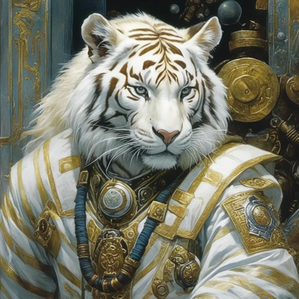 Prompt: A science fiction anthropomorphic white tiger in artstyle by Donato Giancola and Terese Nielsen <mymodel>