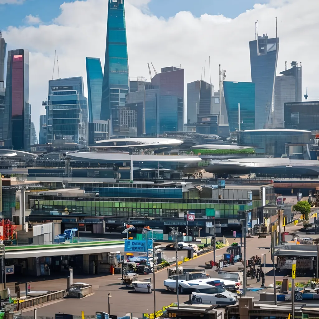 Prompt: street level photograph of a high tech sci-fi trade city showing shops, kiosks, hover cars and people