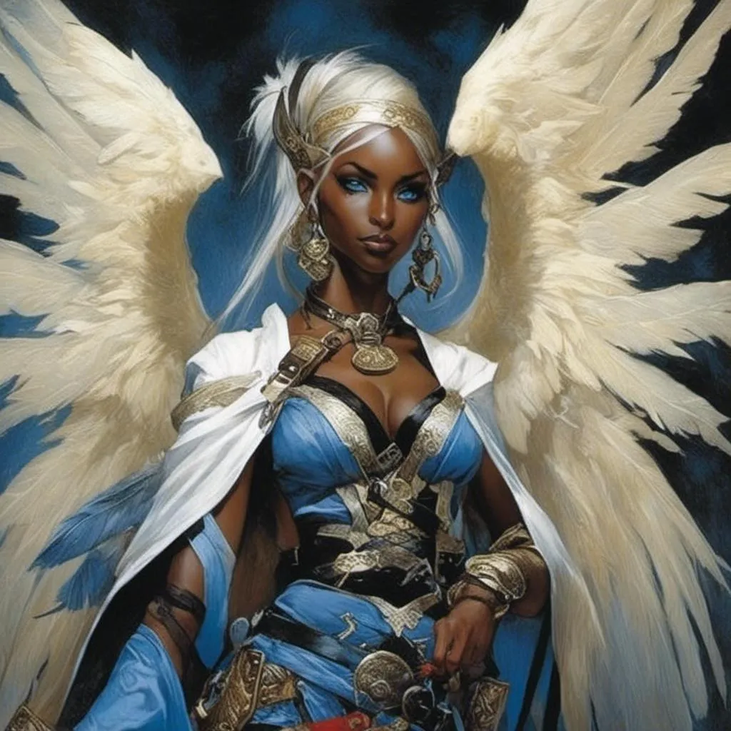 Prompt: A Drow elf half-demon with jet black skin, blue eyes and feathered wings <mymodel> artstyle by Donato Giancola and Terese Nielsen