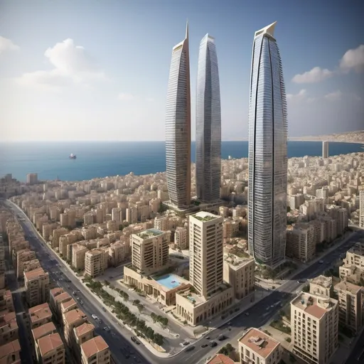 Prompt: Lebanon in 2030 featuring modern skyscrapers and advanced infrastructure, with a mix of preserved historic architecture. In addition to significant progress in renewable energy and modern transportations with the use of Beirut Port. Potential improvements in economic stability and investment. Efforts to preserve and promote Lebanese culture and heritage showing the importance of religion�diversity.