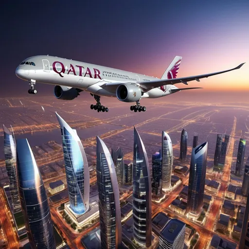 Prompt: Qatar A350 flying over a modern skyscraper, vibrant cityscape below, realistic 3D rendering, bright and vivid colors, detailed aircraft design, city lights casting warm glow, high quality, 4k, ultra-detailed, 3D rendering, modern skyline, realistic aircraft, vibrant colors, city lights, high-altitude flight, professional lighting