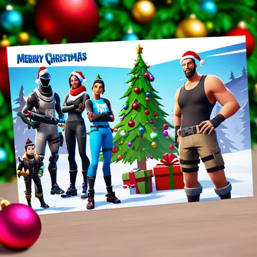 Prompt: a merry Christmas postcard with a brand new gamer pc. Fortnite characters standing nearby.