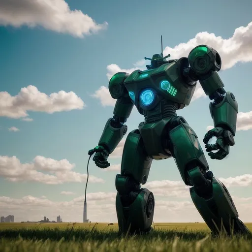 Prompt:  combat robot, (full of charge battery), vast green grass field, distant city silhouette, blue skies,  intricate mechanical details, harsh lighting, vibrant greens of the grass contrasting with the robot's metallic sheen, ultra-detailed, cinematic depth, evoking feelings of glory.