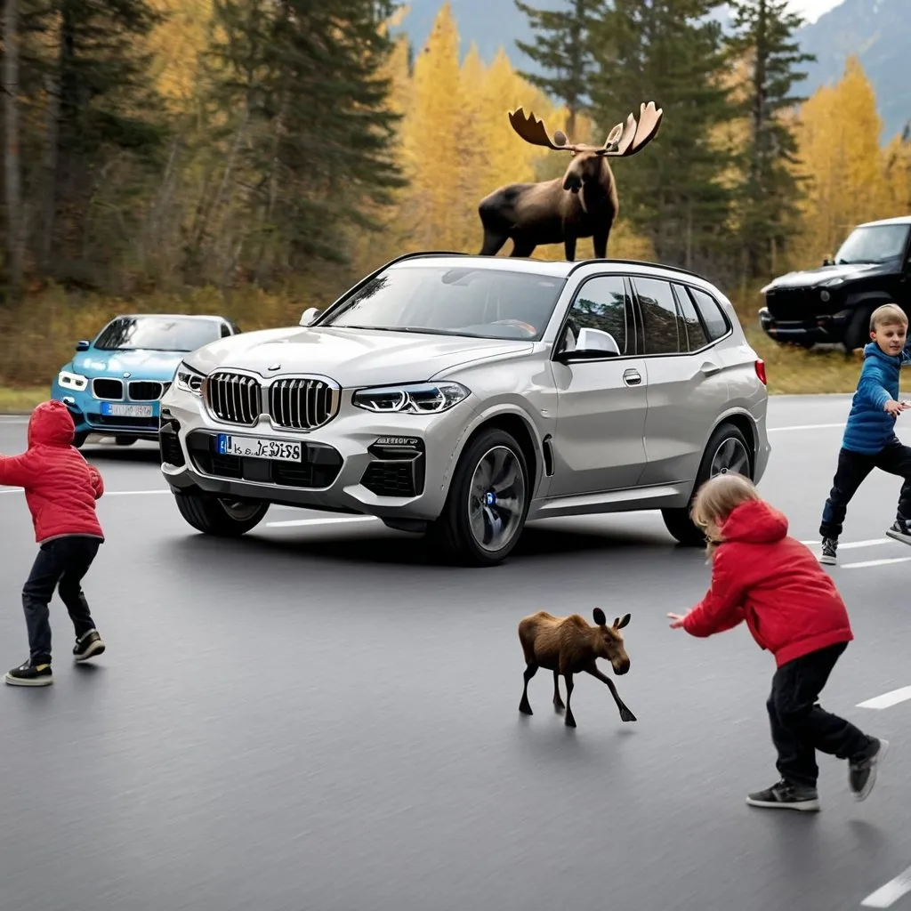 Prompt: a BMW suv performing moose test while a group of small children playing on the road