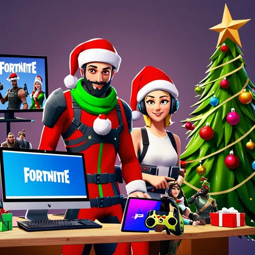 Prompt: a merry Christmas postcard with a brand new gamer pc. Fortnite characters standing nearby.