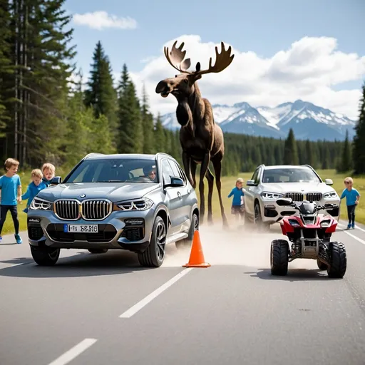 Prompt: a BMW suv performing moose test while a group of small children playing on the road