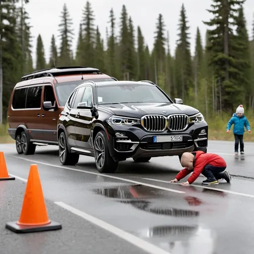 Prompt: a BMW suv failing the moose test while a group of small children playing on the road