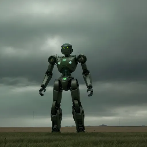 Prompt: (lonely combat robot), (empty battery), vast green grass field, distant city silhouette, overcast skies, somber and melancholic atmosphere, intricate mechanical details, soft diffuse lighting, vibrant greens of the grass contrasting with the robot's metallic sheen, ultra-detailed, cinematic depth, evoking feelings of isolation and abandonment.